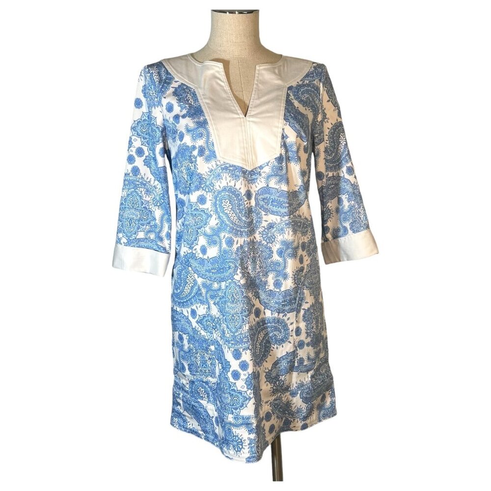 Lilly & Van Womans Dress Size XS White Blue Paisley‎ Tunic Y2K Vintage Pockets